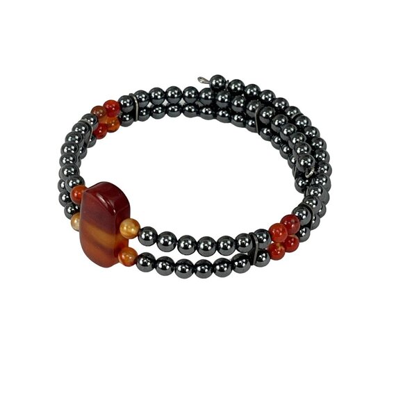 Hematite & Carnelian Beaded Stretch Bracelet With Central Gemstone Accent - Picture 6 of 8